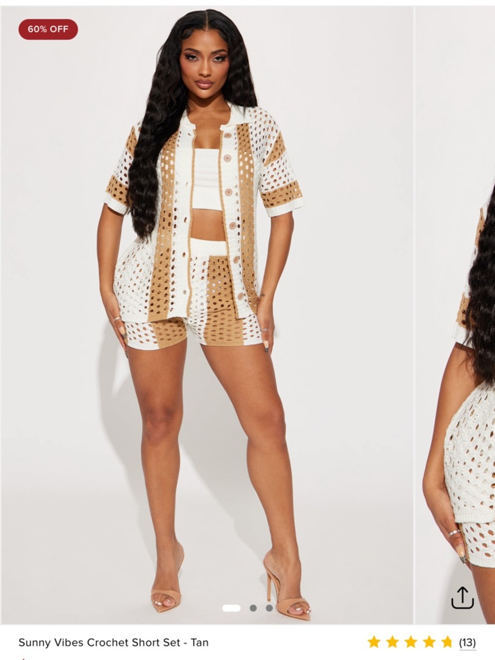 Fashion Nova Crochet Short Set in White & Tan